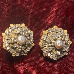 Antique pair of Miriam Haskell clip on earrings, baroque faux pearl and crystal